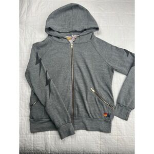 Aviator Nation Gray Lightning Bolt Zip Up Hoodie Sweatshirt Size S